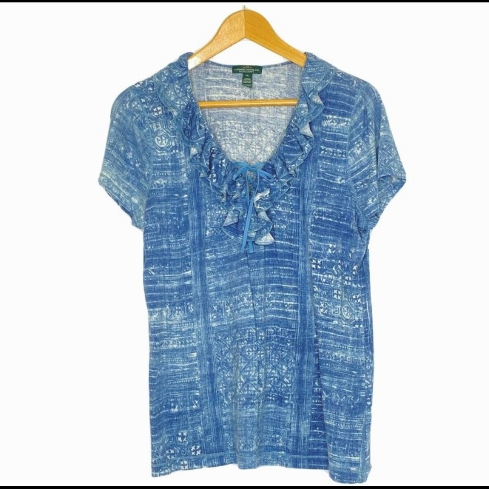 RLR Ralph Lauren Jeans Co Women's XL Short Sleeved V Neck Top Blue